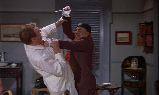 Capt. Sale (Geoffrey Toone) is attacked by Charles Lloyd Pack as a murderous Chinese doctor in Anthony Bushell's The Terror of the Tongs (1961)