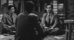 Mokichi Satake (Shin Saburi) finds melancholy comfort in a chance meeting with a former fellow soldier in Ozu Yasujiro’s The Flavor of Green Tea Over Rice (1952)