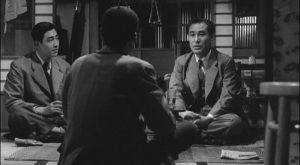 Mokichi Satake (Shin Saburi) finds melancholy comfort in a chance meeting with a former fellow soldier in Ozu Yasujiro’s The Flavor of Green Tea Over Rice (1952)