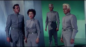 Cal (Rex Reason) and Ruth (Faith Domergue) find themselves on an alien world under attack in Joseph Newman's This Island Earth (1955)