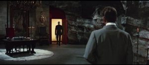 Reporter Fandor (Jean Marais) meets the mastermind (also Marais) in his lair in Andre Hunebelle's Fantomas (1964)