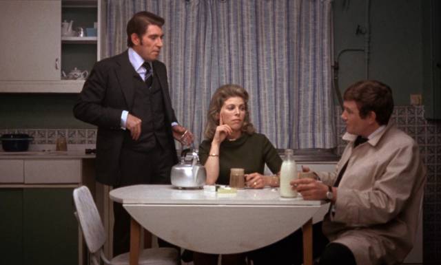 Eddie Ginley (Albert Finney) is antagonistic towards his brother (Frank Finlay) and sister-in-law (Billie Whitelaw) in Stephen Frears' Gumshoe (1971)