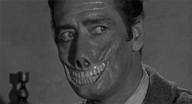 The Baron (Guy Rolfe)'s living death mask in William Castle's Mr. Sardonicus (1959)
