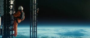 Roy McBride (Brad Pitt) servicing the space tower in James Gray's Ad Astra (2019)