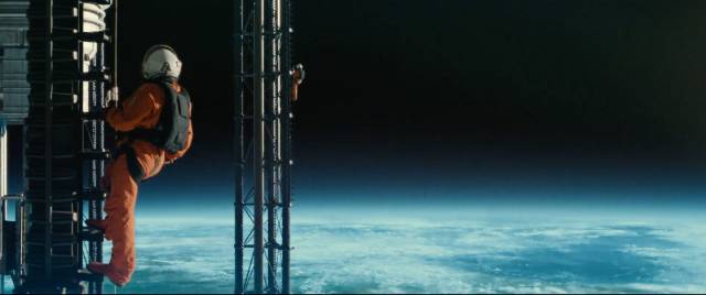 Roy McBride (Brad Pitt) servicing the space tower in James Gray's Ad Astra (2019)