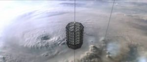 The space elevator carries passengers and cargo to the transport ship Aniara in Pella Kågerman and Hugo Lilja's Aniara (2018)