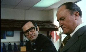Agent Graves (Ben Gazzara) gets close to his quarry James Wright (E.G. Marshall) in Michael Crichton's Pursuit (1972)