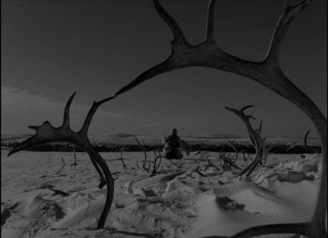 Pirita (Mirjami Kuosmanen) visits a sacred rock to make her sacrifice in Erik Blomberg's The White Reindeer (1952)