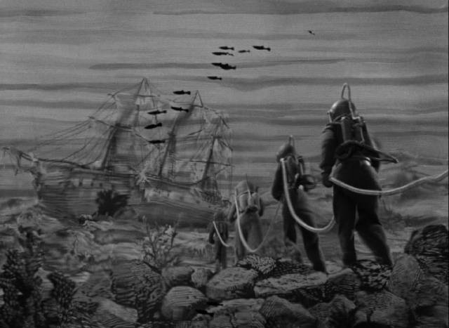 The Count's men head out to ransack a recently sunken ship in Karel Zeman's Invention For Destruction (1958)