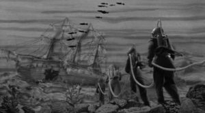 The Count's men head out to ransack a recently sunken ship in Karel Zeman's Invention For Destruction (1958)