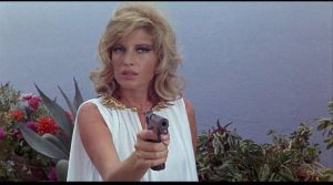 Monica Vitti lets the gun do the acting in Joseph Losey's Modesty Blaise (1966)