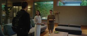 Kim Ki-woo (Choi Woo-sik) meets Mrs. Park (Jo Yeo-jeong) and housekeeper Moon-gwang (Lee Jeong-eun) in Bong Joon-ho's Parasite (2019)