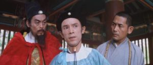 General Wang (Tien Feng) and his lieutenant Chang Cheng (Chen Hui-lou) are suspicious of other temple visitors in King Hu's Raining in the Mountain (1979)