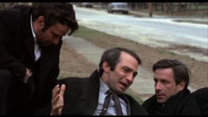 Friends Archie (Peter Falk), Harry (Ben Gazzara) and Gus (John Cassavetes) communicate mostly through roughhousing in Cassavetes' Husbands (1970)