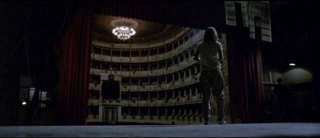 Betty (Cristina Marsillach) seeks safety in the darkened theatre in Dario Argento's Opera (1987)