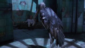 A menacing bird emerges from the well in the cellar in Michele Soavi's The Sect (1991)