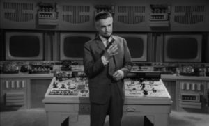 Psychiatrist Dr. S. Jordan (Wolfgang Preiss) in the Hotel Luzor's control centre in Fritz Lang's The Thousand Eyes of Dr. Mabuse (1960)