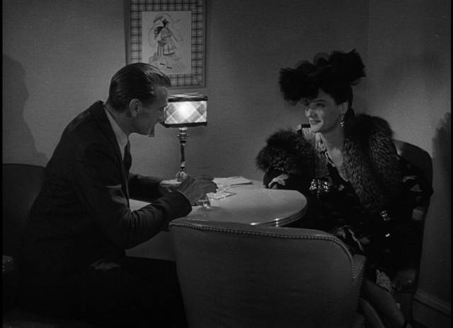 Prof. Alvah Jesper encounters a double-agent (Marjorie Hoshelle) in Switzerland in Fritz Lang's Cloak and Dagger (1946)