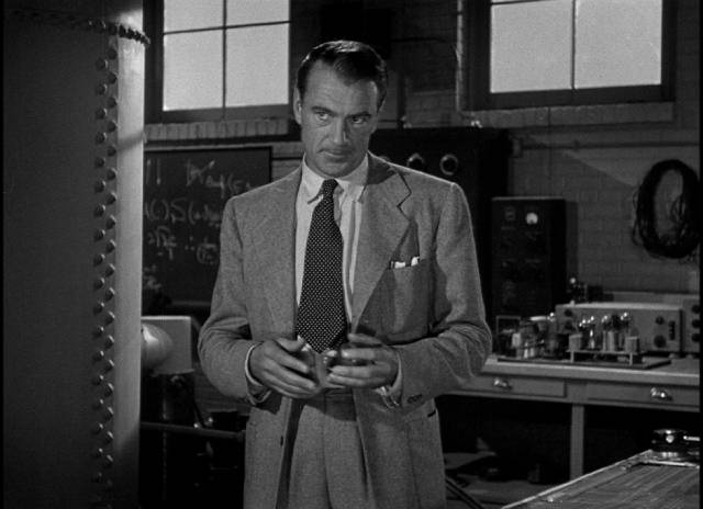 Scientist Alvah Jesper (Gary Cooper), concerned about his part in atomic research, in Fritz Lang's Cloak and Dagger (1946)