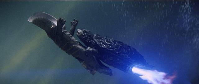 Gamera blasts off with the blade-headed beast in Noriaki Yuasa's Gamera vs Guiron (1969)