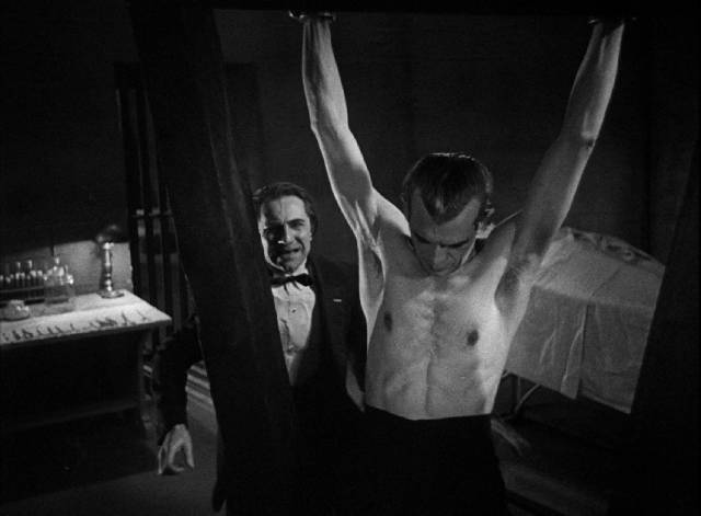 Dr. Vitus Werdegast (Bela Lugosi) exacts a painful revenge by skinning Hjalmar Poelzig (Boris Karloff) alive in Edgar G. Ulmer's The Black Cat (1934)