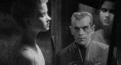 Hjalmar Poelzig (Boris Karloff) and the preserved body of the woman he loved in Edgar G. Ulmer's The Black Cat (1934)