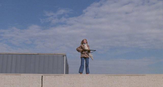 Fran (Gaylen Ross) looks out over a world she knows she'll eventually have to return to in George A. Romero's Dawn of the Dead (1978)