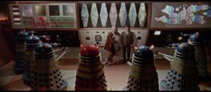 The Doctor (Peter Cushing) and his companions are cornered by the evil Daleks in Gordon Flemyng's Dr. Who and the Daleks (1965)