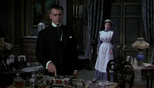 Housemaid Lily Watkins (Jean Simmons) seeks promotion by blackmailing her employer Stephen Lowry (Stewart Granger) in Arthur Lubin's Footsteps in the Fog (1955)