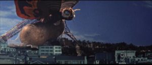 Mothra hatches out in the ruins of Tokyo in Ishiro Honda's Mothra (1961)