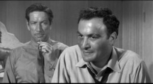 Union organizer Tulio Renata (Robert Loggia) stands up to goon Artie Ravidge (Richard Boone) in Robert Aldrich/Vincent Sherman's The Garment Jungle (1957)