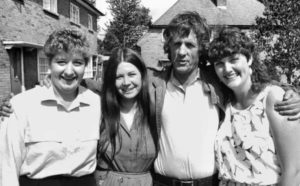 Director Michael Apted with Jackie, Lynn and Sue during production of 28 Up (1984)