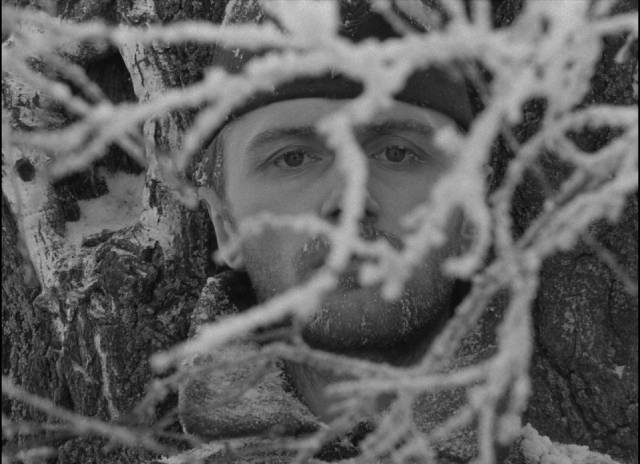 Wounded and dying, Sotnikov (Boris Plotnikov) seems to melt into nature in Larisa Shepitko's The Ascent (1977)