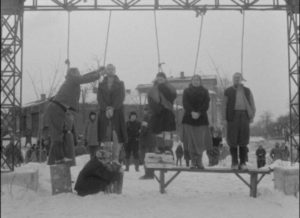 Sotnikov and the others are hanged as an example to the other villagers in Larisa Shepitko's The Ascent (1977)