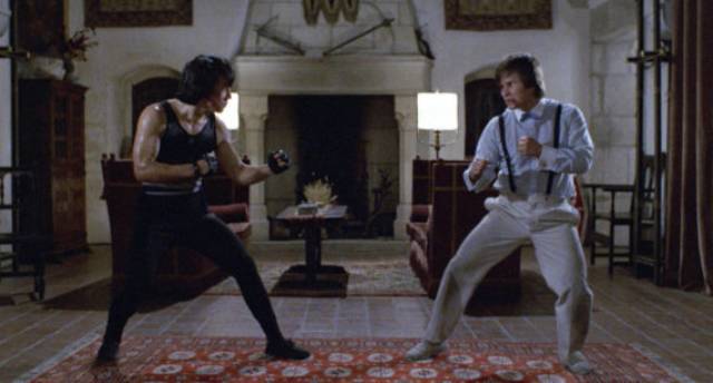Jackie Chan kicks the villain's butt in Sammo Hung's Wheels on Meals (1984)