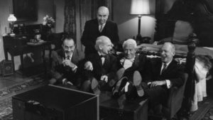 Frank Skeffington (Spencer Tracy) and his cronies laugh at the opposition's incompetent TV promotion in John Ford's The Last Hurrah (1958)