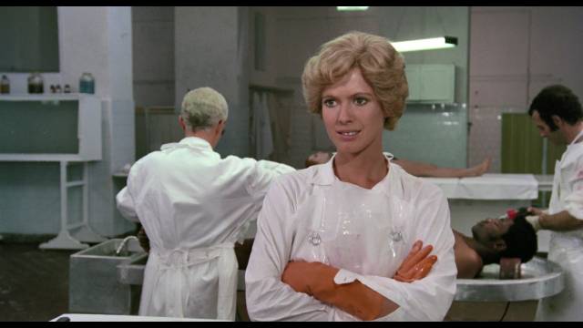 Pathology intern Simona Sanna (Mimsy Farmer) as at home in the morgue in Armando Crispino's Autopsy (1975)