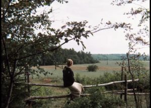 The mother (Margarita Terekhova) watches the road her husband may return on in Andrei Tarkovsky's Mirror (1975)