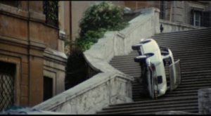 A cop car plunges down the Spanish Steps in Stelvio Massi's Highway Racer (1977)