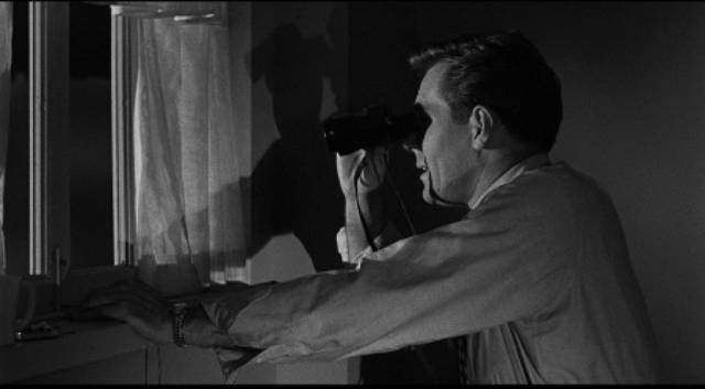 The job gives Rick McAllister (Philip Carey) an opportunity to indulge in voyeurism in Richard Quine's Pushover (1954)