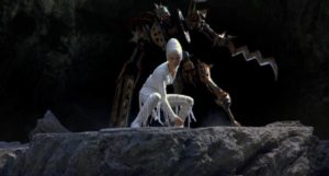 Agi (Chiaki Kuriyama) with one Kato's Yokai-machine hybrids in Takashi Miike's The Great Yokai War (2005)