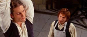 Nicholas (Joe Dallesandro) at the mercy of the increasingly deranged Otto (Arno Jürging) in Paul Morrissey's Flesh for Frankenstein (1973)