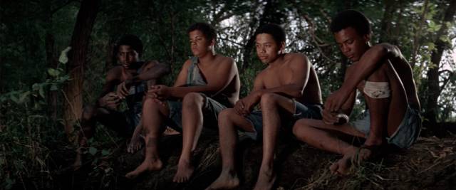 Newt (Kyle Johnson) and his friends watch as the river is searched for a body in Gordon Parks' The Learning Tree (1969)