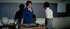 Newt (Kyle Johnson) confronts the teacher (Peggy Rea) who tells him Black kids don't need an education in Gordon Parks' The Learning Tree (1969)