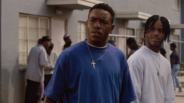 Caine (Tyrin Turner) considers his grandfather's question "Does it matter if you live or die?" in the Hughes Brothers' Menace II Society (1993)