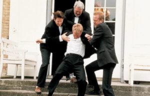 Christian (Ulrish Thomsen) is thrown out of the family hotel by his brother Michael (Thomas Bo Larsen) in Thomas Vinterberg’s Festen (The Celebration, 1998)