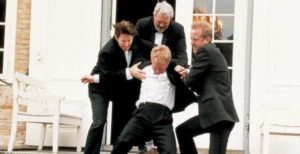 Christian (Ulrish Thomsen) is thrown out of the family hotel by his brother Michael (Thomas Bo Larsen) in Thomas Vinterberg’s Festen (The Celebration, 1998)