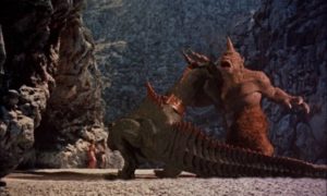 The climactic battle between Cyclops and Dragon in Nathan Juran's The 7th Voyage of Sinbad (1958)