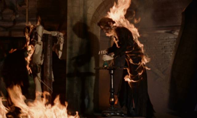 The mill's wax figure display goes up in flames in Giorgio Ferroni's Mill of the Stone Women (1960)