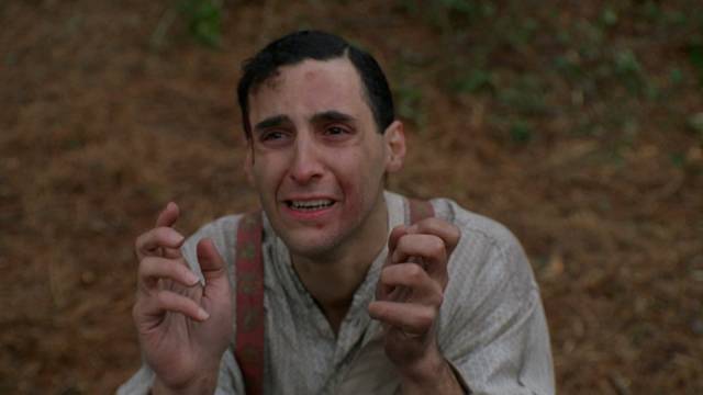 The usually cocksure Bernie Bernbaum (John Turturro) begs for his life in the Coen Brothers' Miller's Crossing (1990)